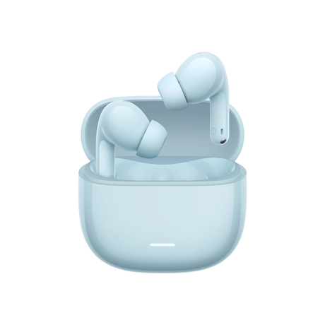Light blue wireless earbuds with charging case