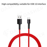 Red braided USB-A to USB Type-C cable, black connectors and strain relief