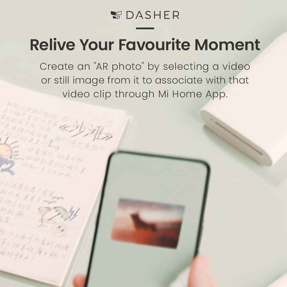 Pocket photo printer with smartphone screen and a printed photo