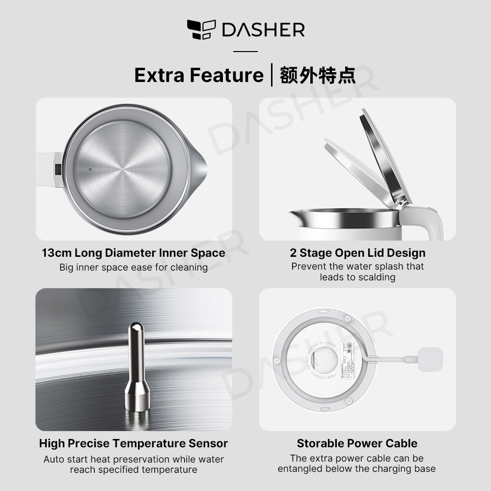 Electric kettle design details: wide interior, open lid, temperature sensor, charging cable