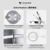 Electric kettle design details: wide interior, open lid, temperature sensor, charging cable