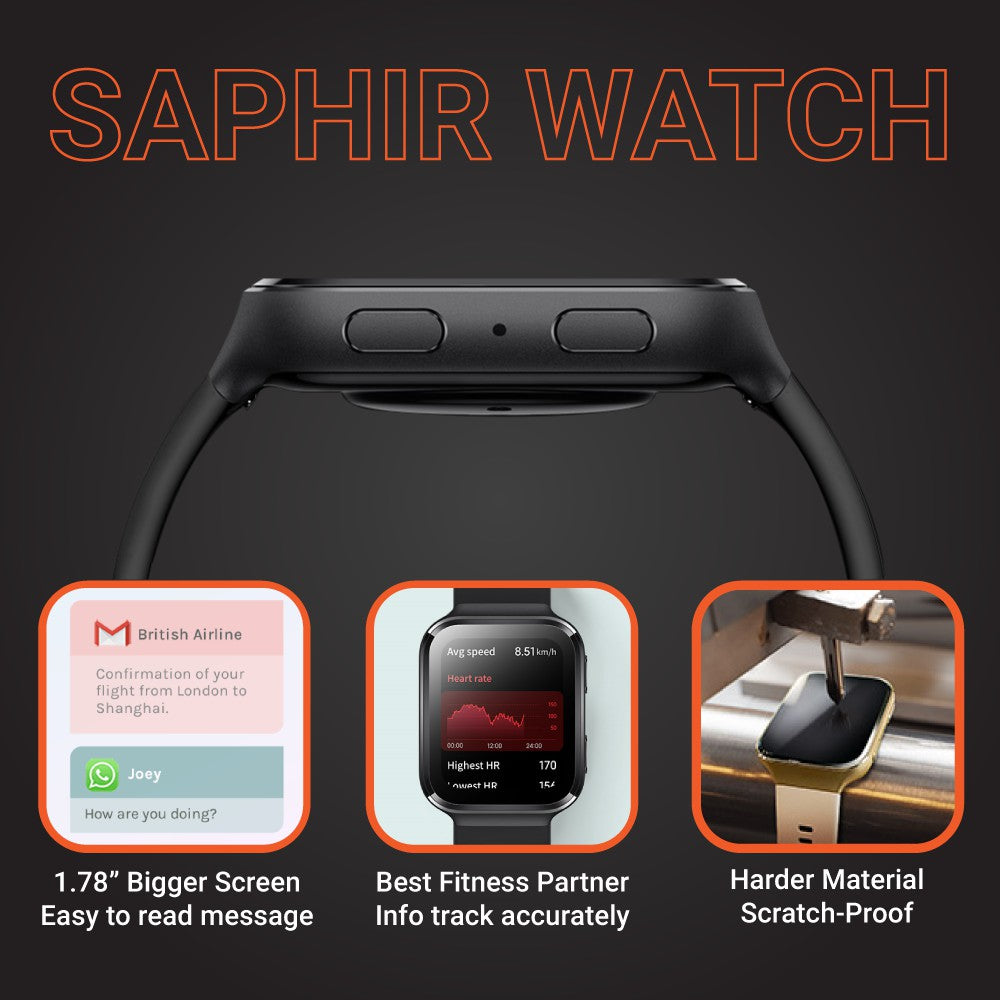 Black smartwatch with orange display showing 08 and 16