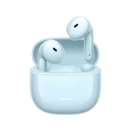Light blue in-ear earbuds in a charging case, front view