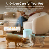 Automatic pet feeder dispensing into bowl with AI feeding plan displayed on screen