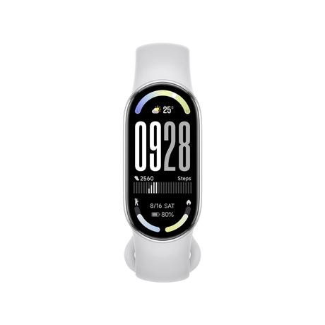 Fitness smart band with white strap, screen showing 0628 and activity details