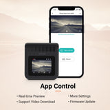 Black dash cam with smartphone app showing dashboard control and real-time preview.