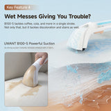 Spot cleaner nozzle releasing water mist for wet stain cleaning on carpet
