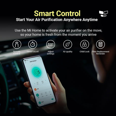 White air purifier with app smart control icons, phone held in hand