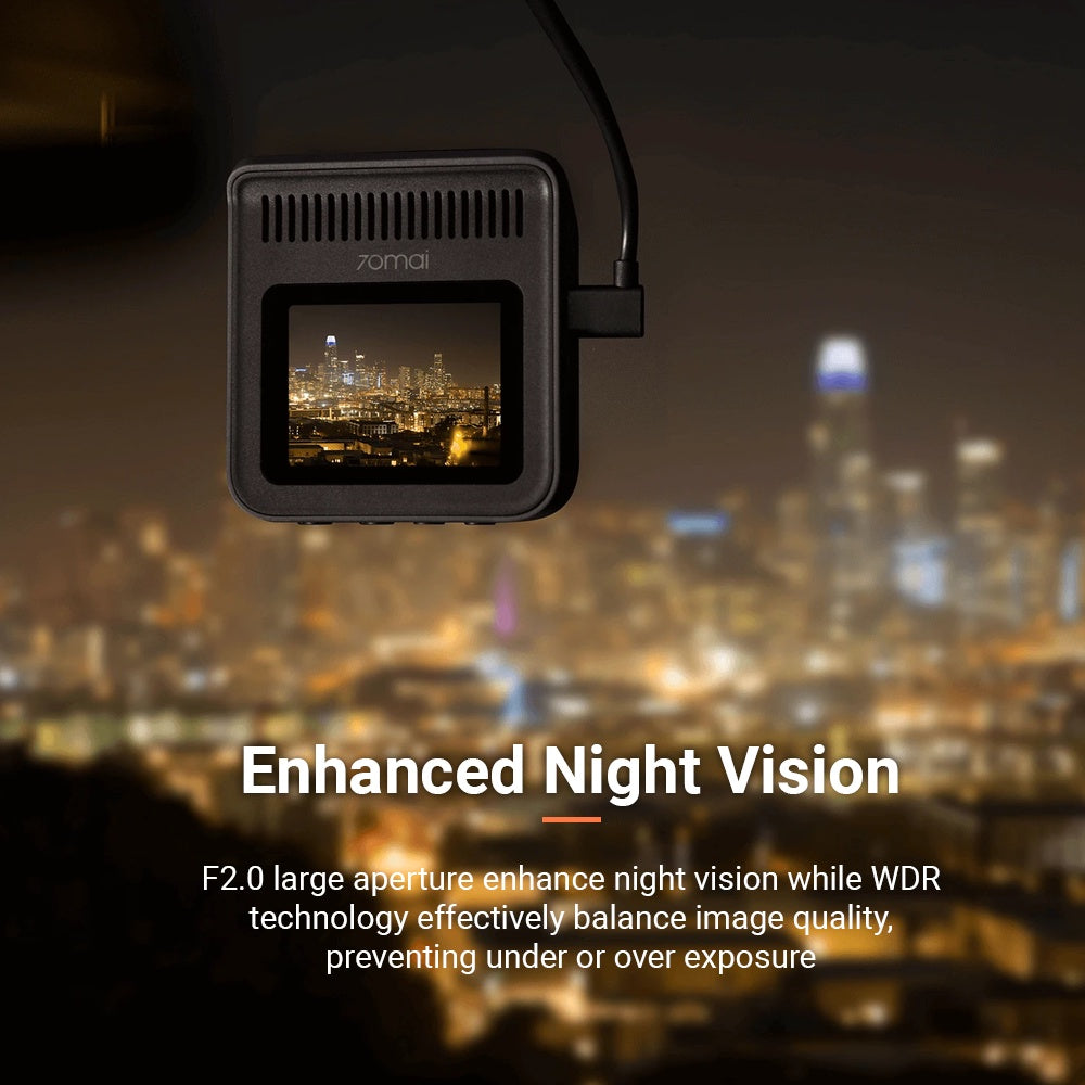 Black front dash cam module with built-in screen displaying a night city scene.