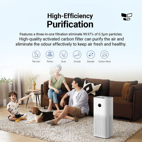 White air purifier with front grille, high-efficiency purification feature graphic