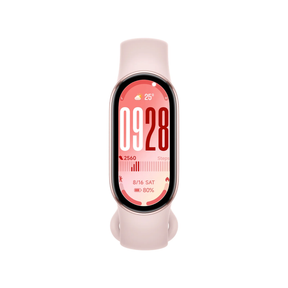 Fitness smart band with light pink strap, screen showing 1978 and activity details