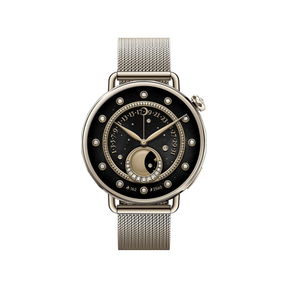 41mm smartwatch with tan mesh strap and round dark dial with gold accents