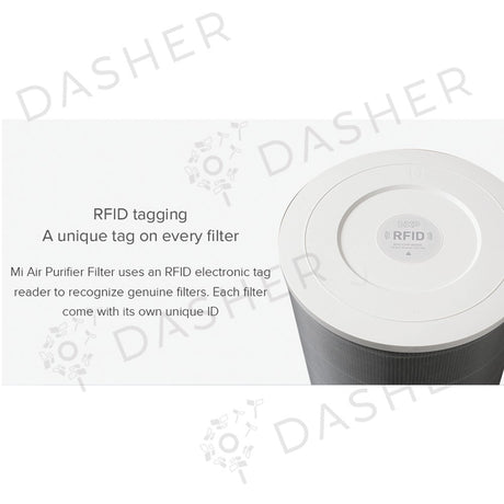 Round air purifier filter top with RFID tag area and centered white label sticker