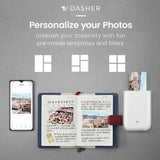 Pocket photo printer beside photos on a notebook and phone