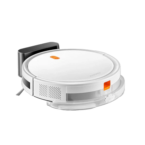Xiaomi Robot Vacuum E5 (weiß), vorderer 3/4 Blick mit orangefarbenem Statuslicht