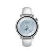 41mm smartwatch with white leather strap and round light dial with moon icon