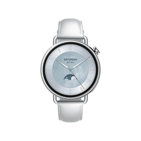 41mm smartwatch with white leather strap and round light dial with moon icon