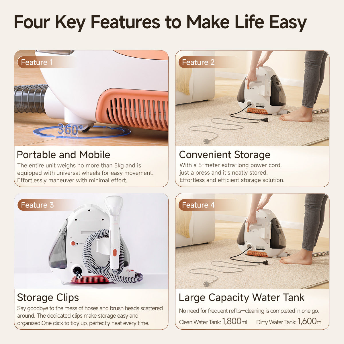 Spot cleaner feature panel showing storage clips and large capacity water tank