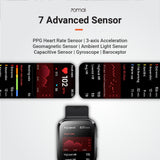 Black square smartwatch with heart-rate style charts on the screen