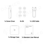 Included set: screw driver, 6 bits, USB cable, storage case, and user manual