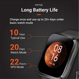 Black smartwatch with orange time display on a square touchscreen