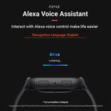 Black smartwatch with dual side buttons and voice assistant screen