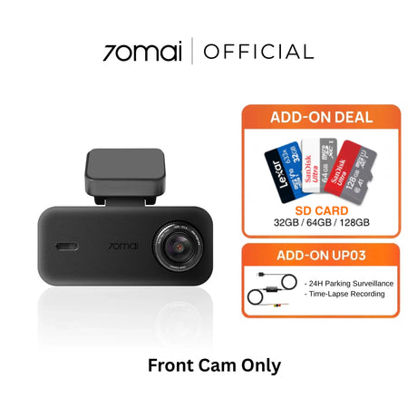 Front dashcam with compact front camera unit, black housing
