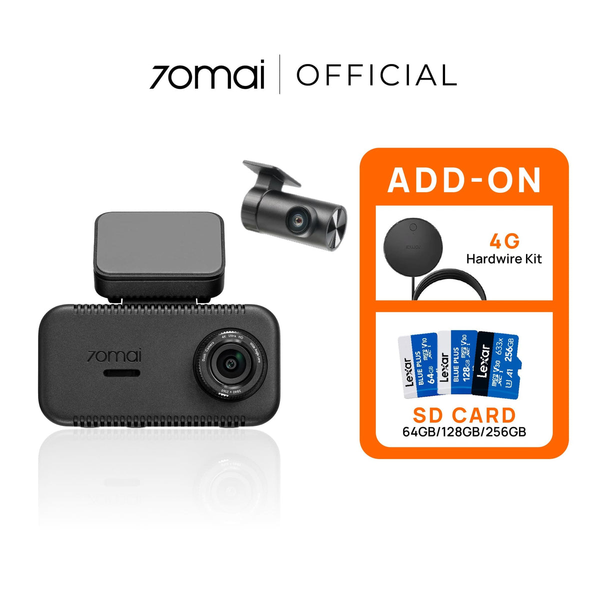 Black dash cam with add-on 4G hardwire kit and SD card pack