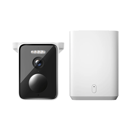 Outdoor solar security camera with wall mount, black lens and light strip, plus base unit