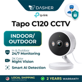 TP-Link TL-Tapo C120 indoor/outdoor CCTV camera, white housing with three LED lights