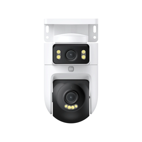 Outdoor dual camera with white housing, two dark lenses, and dual light accents