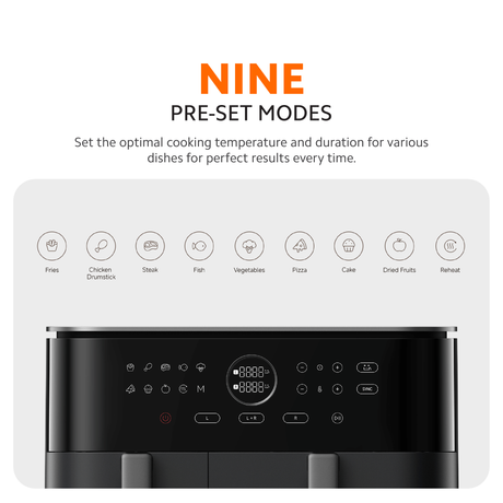 Xiaomi dual zone air fryer 10L front panel showing preset mode icons