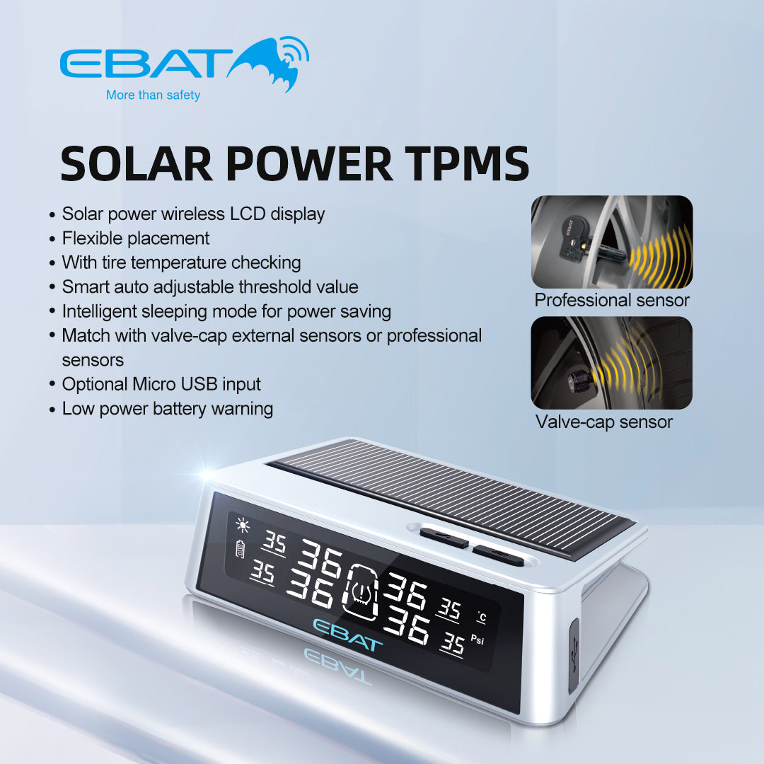 EBAT Steelmate Solar Powered TPMS Tire Pressure and Temp Monitoring Sensor
