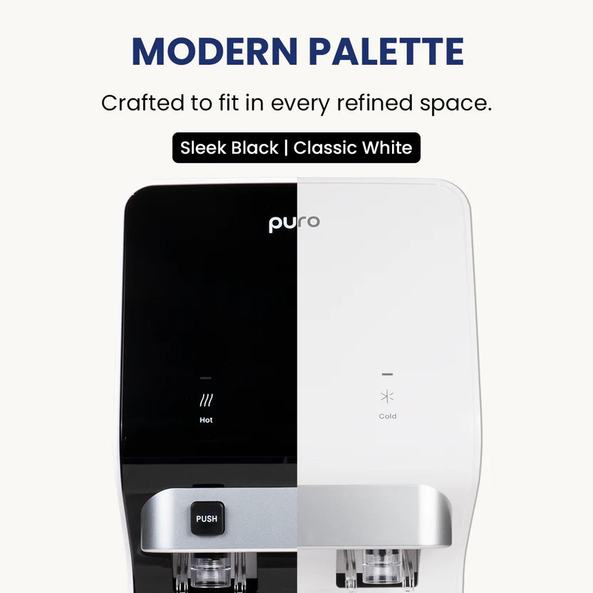 Puro Core 4-stage hot & cold water purifier, sleek black & classic white front with push
