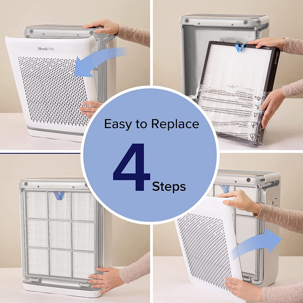 Replacement filter shown being swapped in 4 steps for an air purifier