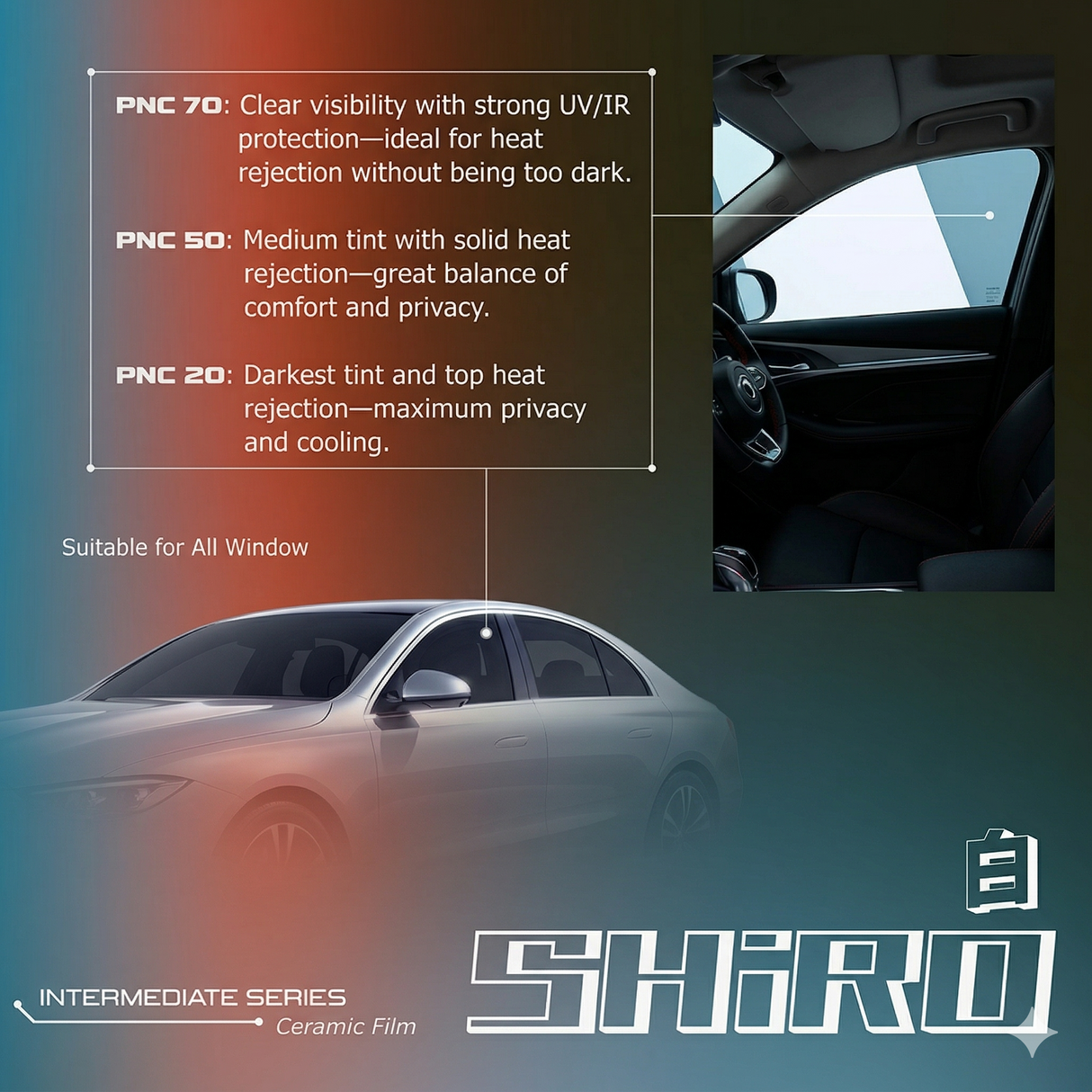 Highwayone SHIRO Series tinted ceramic window film for all windows on a car