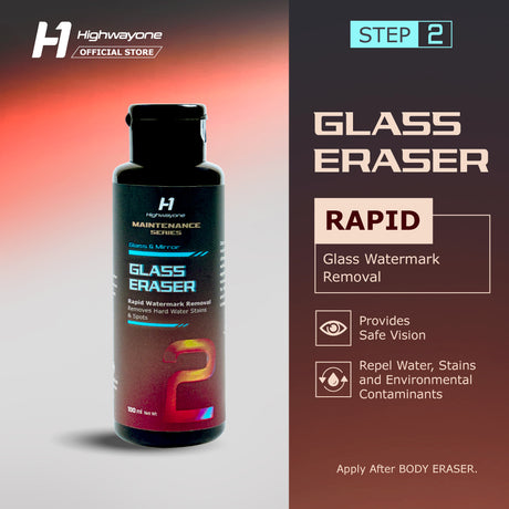 H1 Glass Eraser bottle for rapid glass watermark removal and water-repelling protection