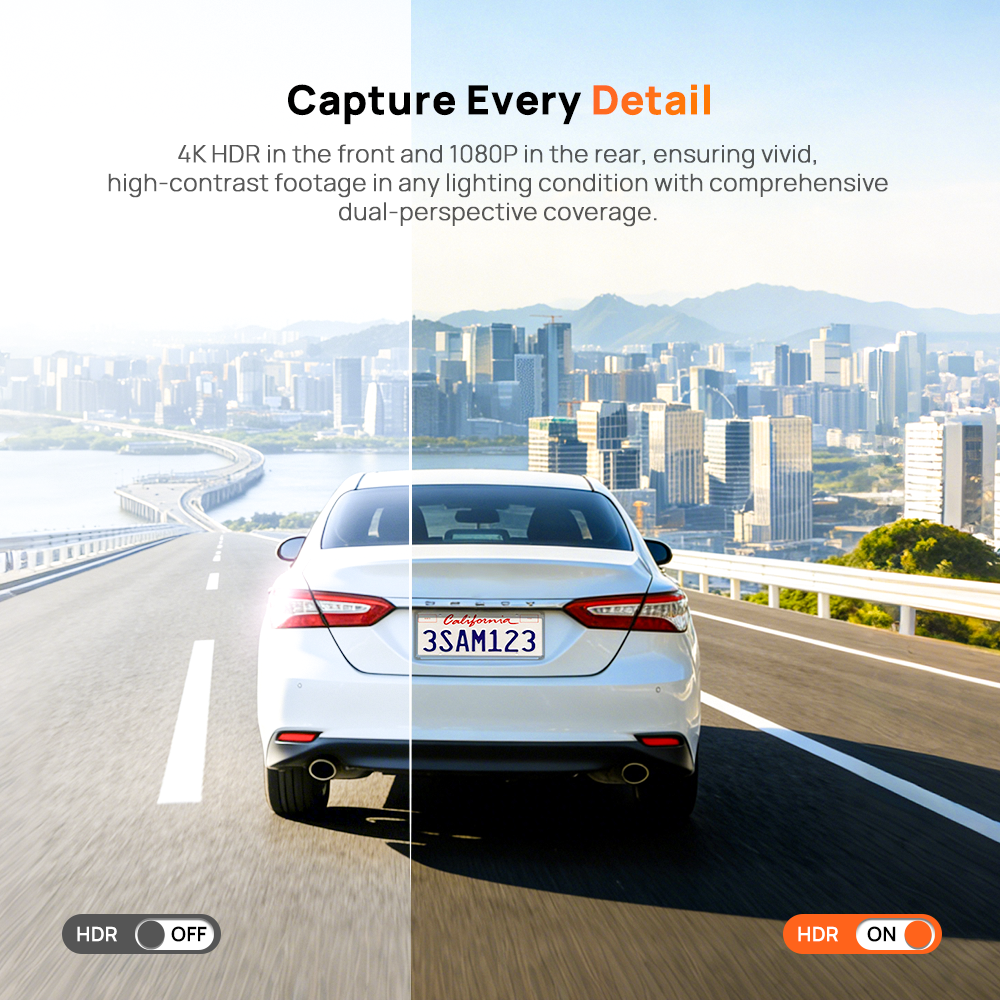 Dashcam showing high-detail dual perspective recording with HDR on and off
