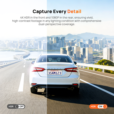 Car dash cam rear-view recording screen with HDR on and off toggle