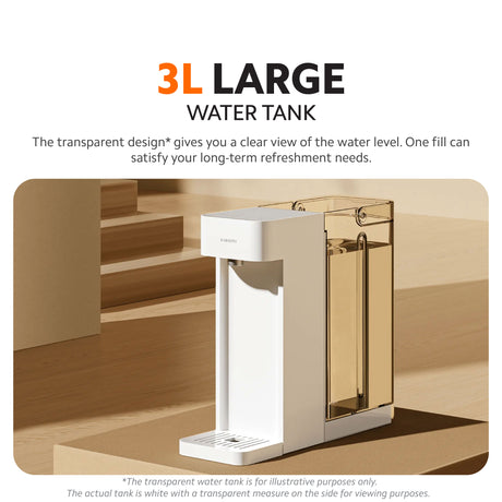 Instant hot water dispenser with large internal water tank shown in transparent view