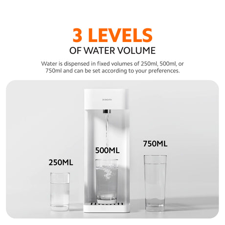 Instant hot water dispenser showing three dispenser volume levels with glasses