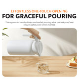 White insulated kettle pouring with round lid opened for one-touch opening
