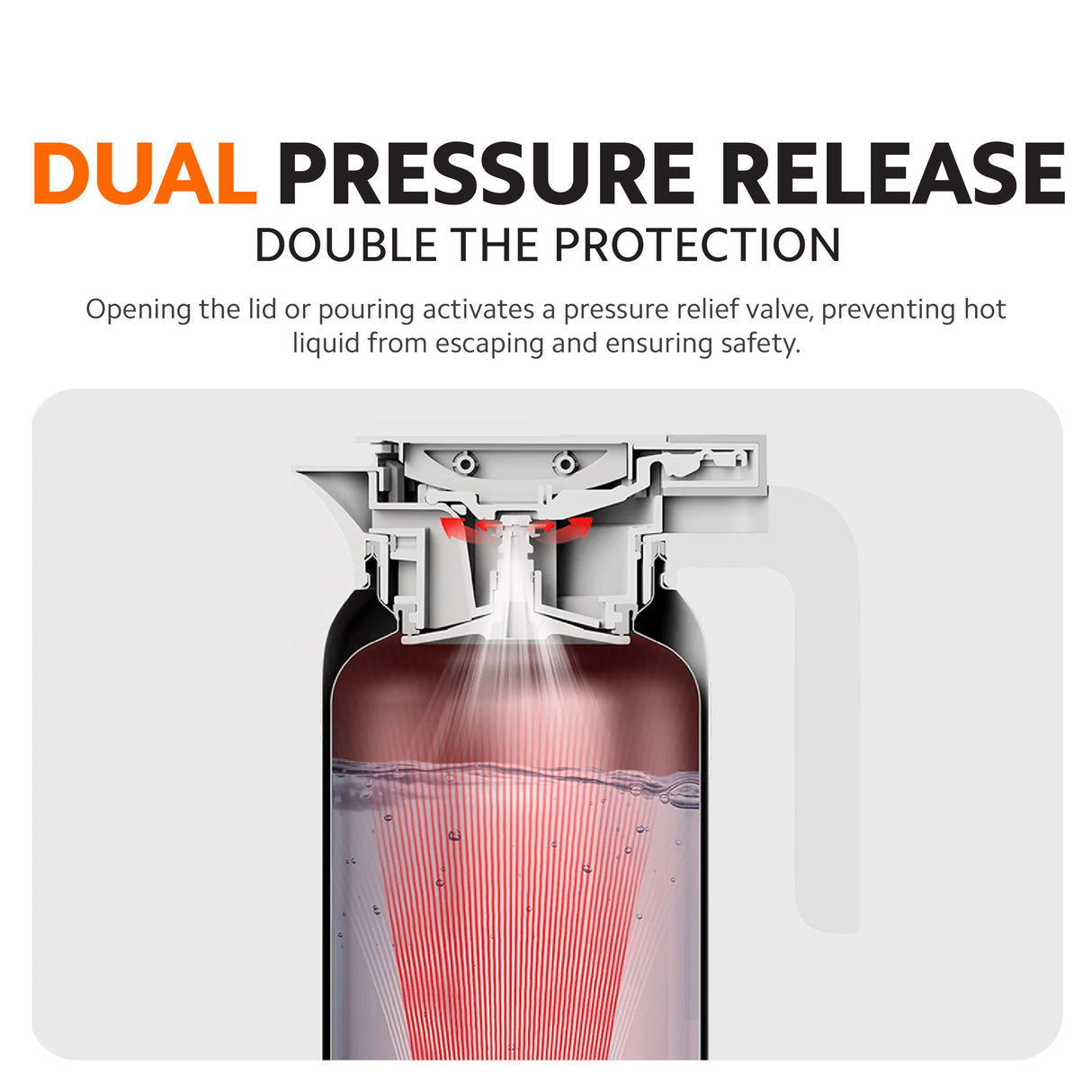Insulated kettle cutaway showing pressure relief valve over red heated liquid