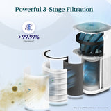 White air purifier with open filter compartment and visible internal fan system