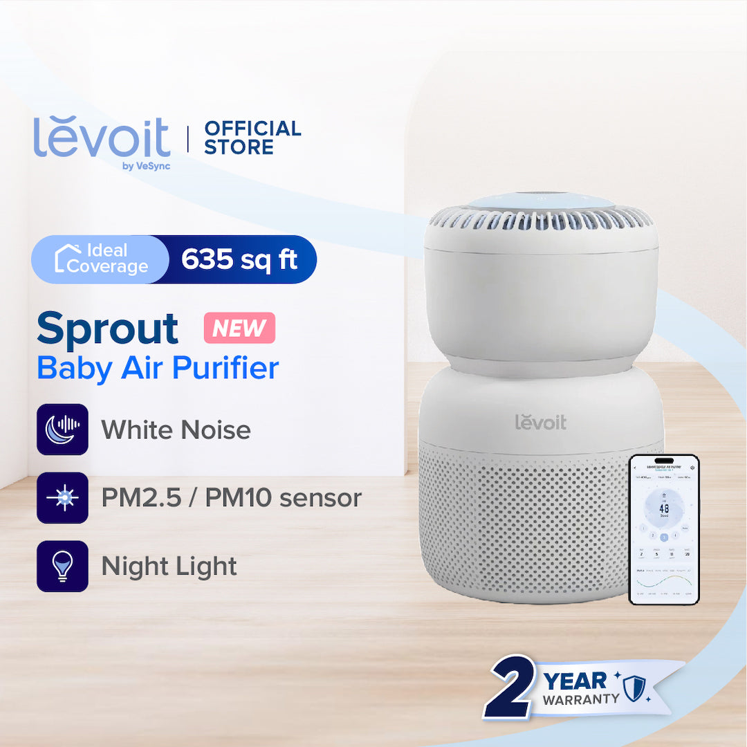 White baby air purifier with top control panel and smartphone app display