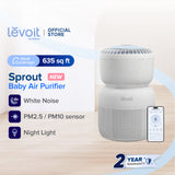White baby air purifier with top control panel and smartphone app display