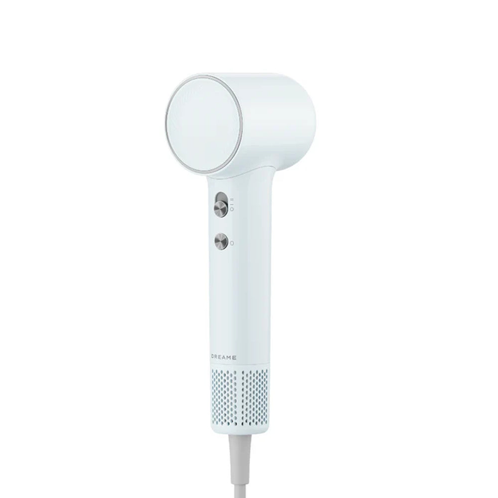 Dreame Mini Hair Dryer (light blue) with vent grille and two-speed buttons