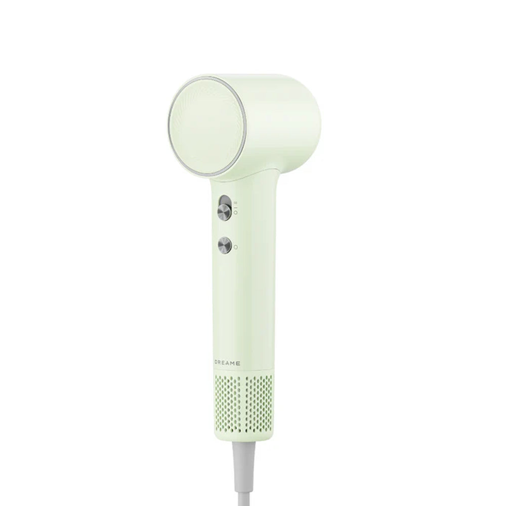 Mini hair dryer, light-colored finish, round vented nozzle and two side buttons