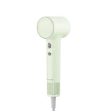 Mini hair dryer, light-colored finish, round vented nozzle and two side buttons