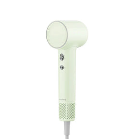 Mini hair dryer, light-colored finish, round vented nozzle and two side buttons